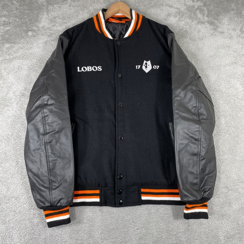 Tequila 1707 Lobos Varsity Jacket Mens Medium Black Wool Leather Letterman Promo